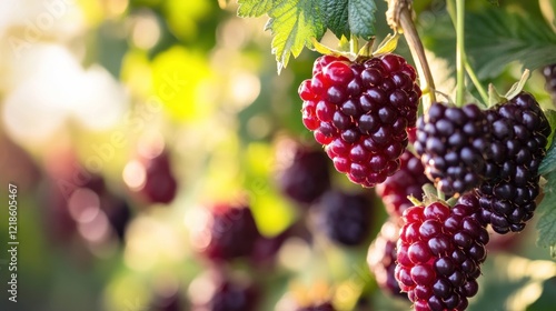 Berries growing on the vine at a berry farm on a sunny photo