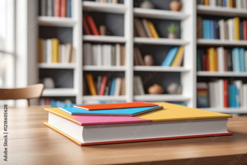 A close-up desk with book over bookshelf filled with books in a library A close-up desk with book over bookshelf filled with books in a library