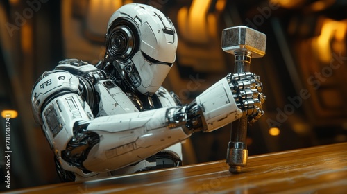Futuristic robot carefully using a large hammer on a wooden surface.