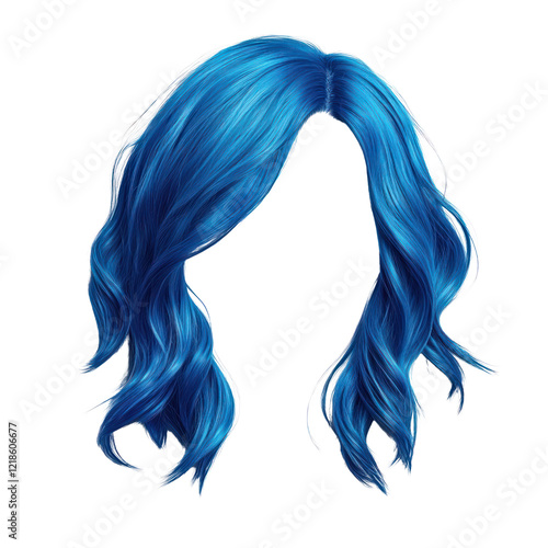 Vibrant blue wig designed for digital projects featuring a flowing hairstyle, hair isolated on a transparent background. PNG 