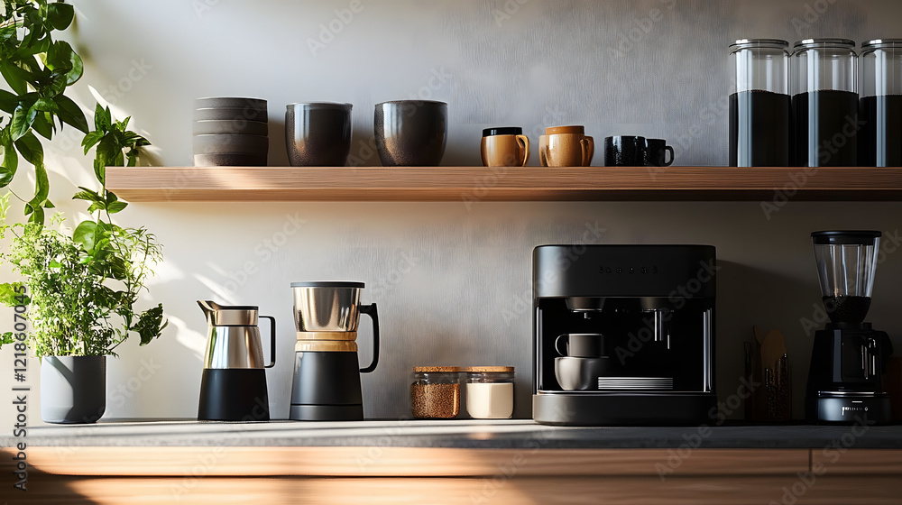 A stylish coffee corner in a modern kitchen, with shelves filled with coffee-related accessories A stylish coffee corner in a modern kitchen, with shelves filled with coffee-related accessories