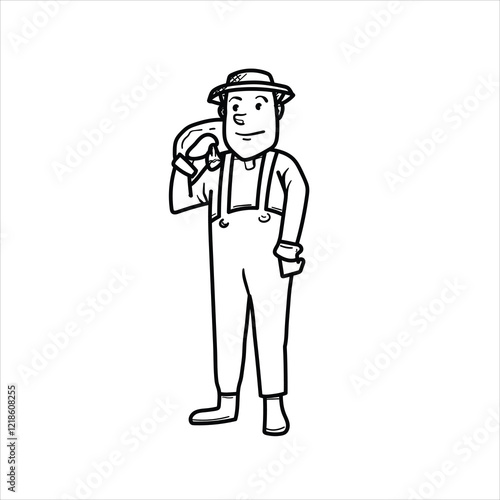 illustration of farmer carrying a sack, cartoon, black and white, good for children's coloring teaching materials and other elements of your visa, vector format