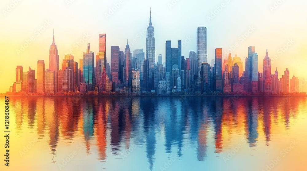 Obraz premium Vibrant sunrise cityscape reflected in calm water.