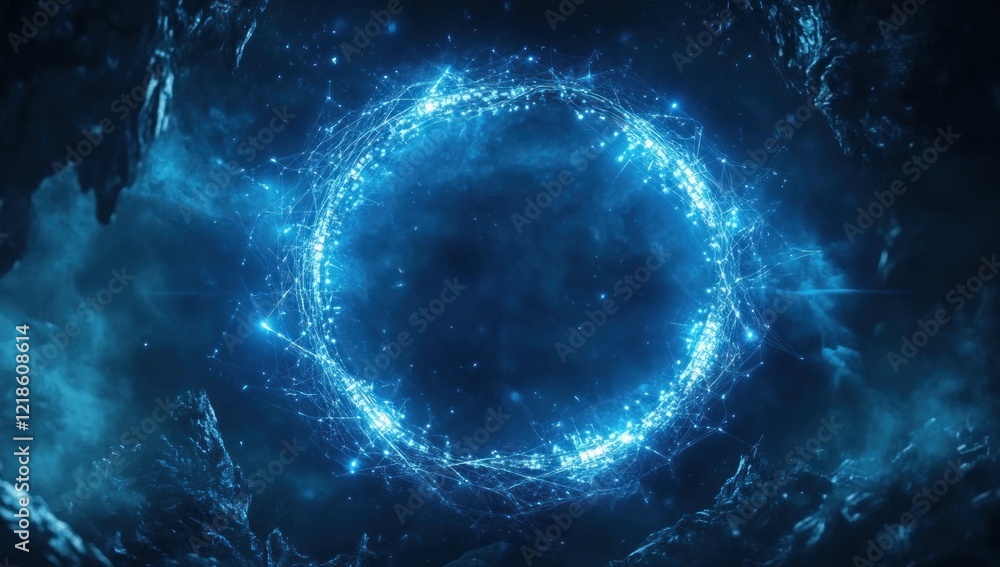 Fototapeta premium Glowing blue energy ring in cosmic nebula.