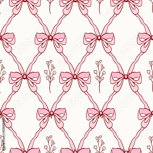 bow pattern seamless, vintage flowers, Vintage Retro Pink Seamless Pattern, Pink Vintage Coquette valentine seamless file, Retro Pink seamless file, Retro coquette Digital wallpaper, ribbon background