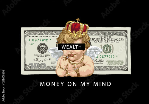 wealth slogan eyes censored on baby angel on banknote background vector illustration