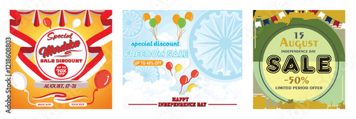 Indonesia Sale Promotion Poster. Indian Independence Day Sale. Fifty percent discount offer sale.  Set flat vector modern illustration