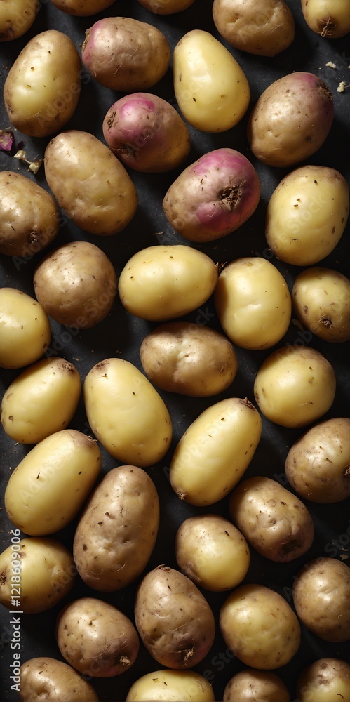 Raw potatoes from field on ground background. Top view flat lay. Raw potatoes from field on ground background. Top view flat lay.