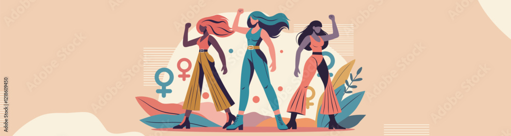 Women's month. Equality day. Women's day. Different women, different cultures and skin colors stand together and look forward. Feminism. Gender equality and women's empowerment. Vector banner Women's month. Equality day. Women's day. Different women, different cultures and skin colors stand together and look forward. Feminism. Gender equality and women's empowerment. Vector banner