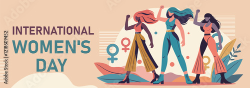 Women's day. Women's month. Equality day. Different women, different cultures and skin colors stand together and look forward. Feminism. Gender equality and women's empowerment. Vector banner