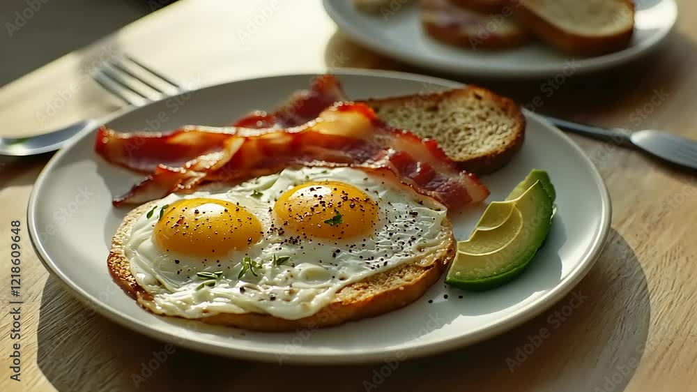 Breakfast plate featuring sunny-side-up eggs, crispy bacon, and avocado slices on a wooden table Breakfast plate featuring sunny-side-up eggs, crispy bacon, and avocado slices on a wooden table