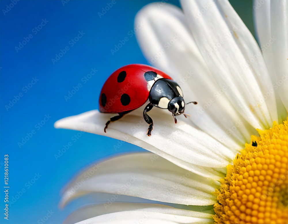 A beautiful red and black ladybug is perched on a delicate white flower. The flower is a bright yellow color with white petals, and it is surrounded by a clear blue sky A beautiful red and black ladybug is perched on a delicate white flower. The flower is a bright yellow color with white petals, and it is surrounded by a clear blue sky
