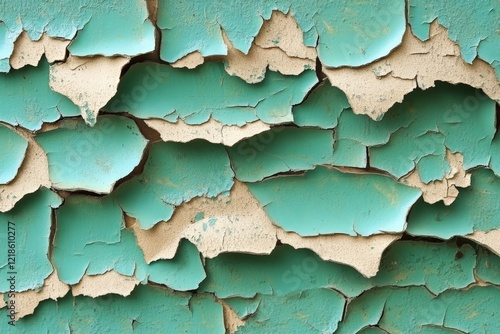 Old, peeling paint on a weathered surface creates an interesting texture in a vibrant turquoise color photo