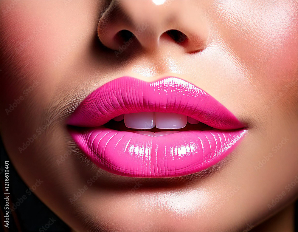Fototapeta premium A woman with a very long and pink lip. She is smiling. The lips are very full
