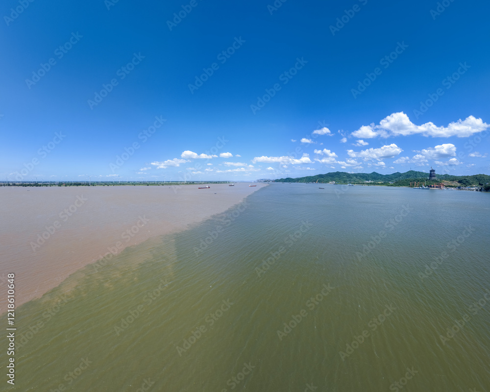 aerial view of the convergence of rivers and lakes