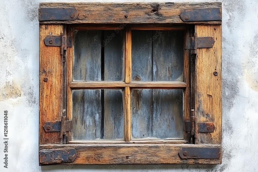 Rustic wooden window frame with weathered glass highlights old craftsmanship in a quaint setting Rustic wooden window frame with weathered glass highlights old craftsmanship in a quaint setting