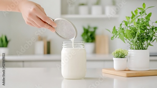 A person straining homemade corn milk through a fine mesh sieve into a glass jar on a kitchen countertop photo