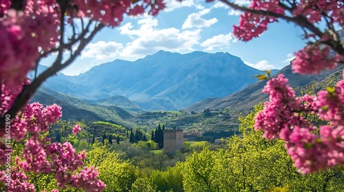 AI Generate Alhambra Castle Framed By Flower Garden