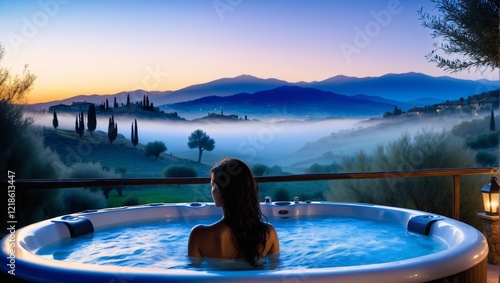 Relaxing Evening in Outdoor Hot Tub woman tourism, travel, vacation tuscany Ai photo