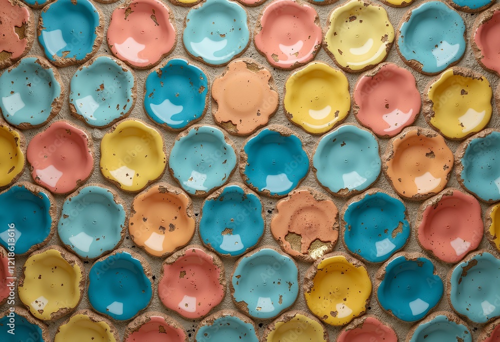 Handcrafted Glazed Tile Design: Colorful pastel pottery with seamless gold detail pattern, a vibrant backdrop ideal for artistic projects, conveying elegance, tradition, and handcrafted beauty.
Handcrafted Glazed Tile Design: Colorful pastel pottery with seamless gold detail pattern, a vibrant backdrop ideal for artistic projects, conveying elegance, tradition, and handcrafted beauty.