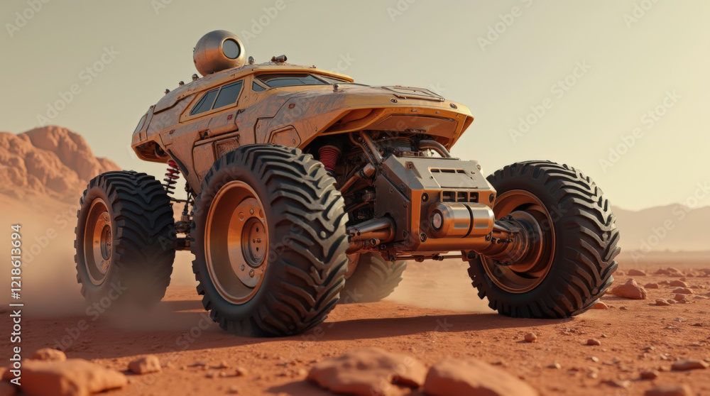 A large, advanced rover navigates the dusty, red terrain of Mars at sunset. Its oversized tires tackle rocky surfaces as the sun casts a warm glow on distant hills, highlighting the vehicle's design A large, advanced rover navigates the dusty, red terrain of Mars at sunset. Its oversized tires tackle rocky surfaces as the sun casts a warm glow on distant hills, highlighting the vehicle's design