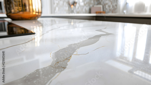  A sleek, polished white quartz countertop, with a smooth surface reflecting light, generative ai