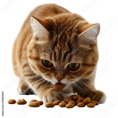 Playful cat enjoying kibble on a transparent background photo