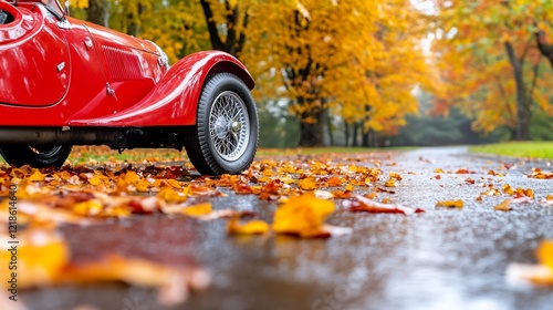 Red classic car autumn leaves road