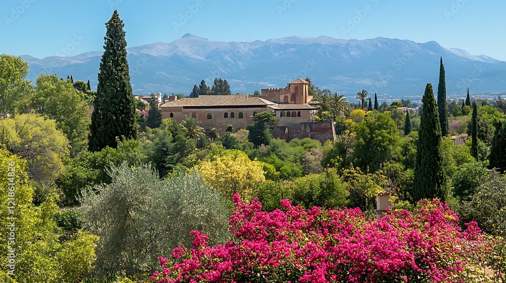Naklejka premium AI Generate Alhambra Castle Framed By Flower Garden