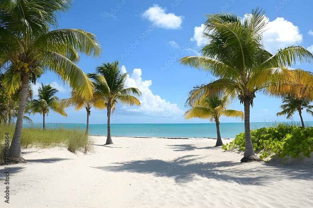 A tranquil beach background featuring soft golden sand and calm blue waters, overgrown with tall coconut trees on the left and right also lit by a clear blue sky with clouds adding to the tropical cha A tranquil beach background featuring soft golden sand and calm blue waters, overgrown with tall coconut trees on the left and right also lit by a clear blue sky with clouds adding to the tropical cha