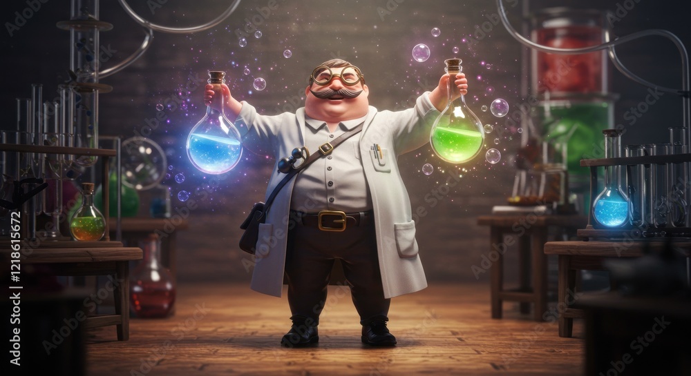 Cheerful Scientist: Glowing Potions in a Whimsical Lab Cheerful Scientist: Glowing Potions in a Whimsical Lab