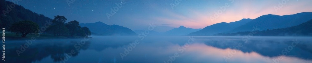 A delicate mist rises from the surface of a serene lake under starry sky with white domes, reflective, calm, serene A delicate mist rises from the surface of a serene lake under starry sky with white domes, reflective, calm, serene