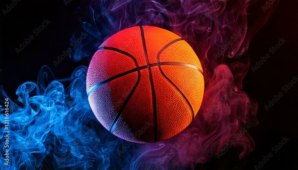 Fototapeta premium Basketball surrounded by dramatic red and blue smoke effects