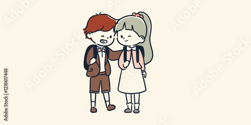 入学式にランドセルを背負って微笑み合う仲のいい男の子と女の子の友達のシンプルでかわいいイラスト