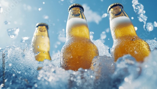 Close-up of cold beer bottles on a blue background. photo