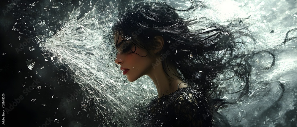 Obraz premium a woman standing against a shattered glass wall, breaking through metaphorical chains, symbolizing breaking societal barriers. international women's day