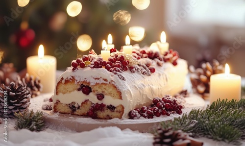 Festive Yule Log Cake adorned with cranberries, cream, and candles, surrounded by pinecones and winter decorations photo