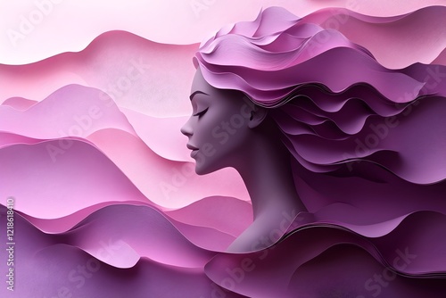 paper cut 3d effect illustration art of a woman’s silhouette with soft gradients in shades of pink and purple, symbolizing strength and empowerment. international women's day