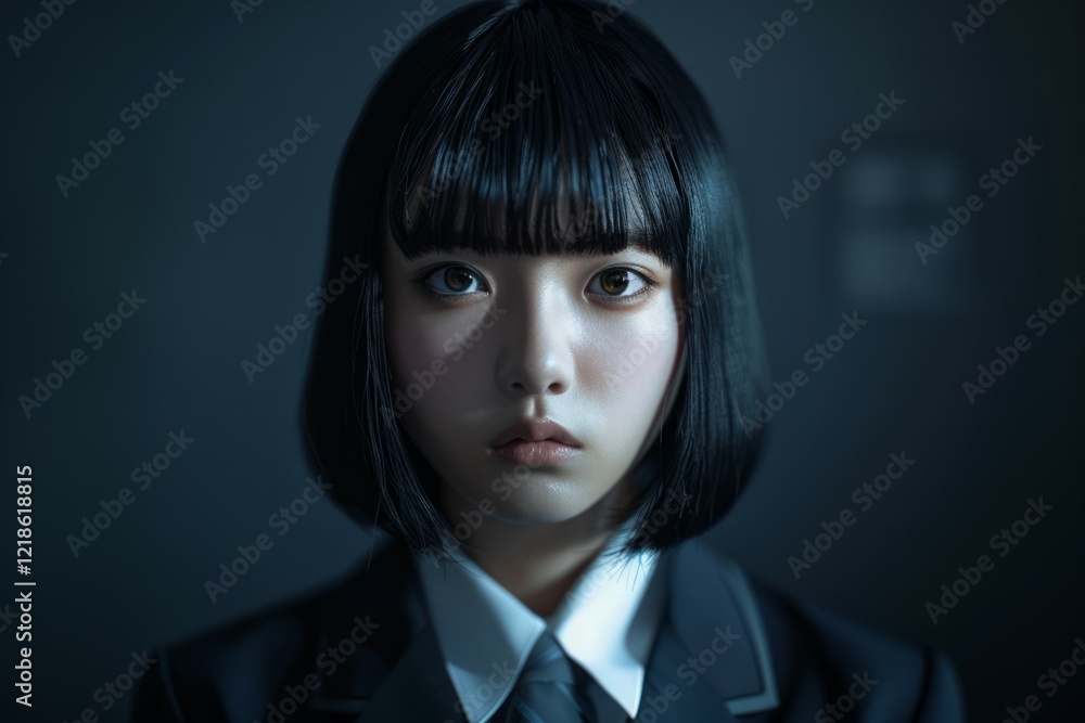Portrait of Asian schoolgirl with grey background. Neural network ai generated Portrait of Asian schoolgirl with grey background. Neural network ai generated