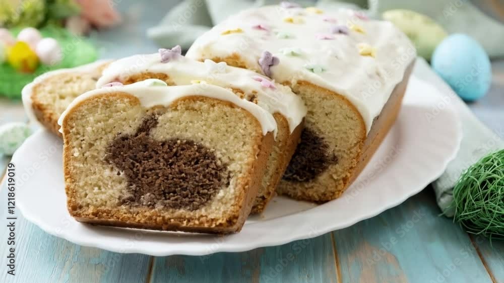 Delicious sliced marble cake on rustic table with decorative easter eggs in background Delicious sliced marble cake on rustic table with decorative easter eggs in background