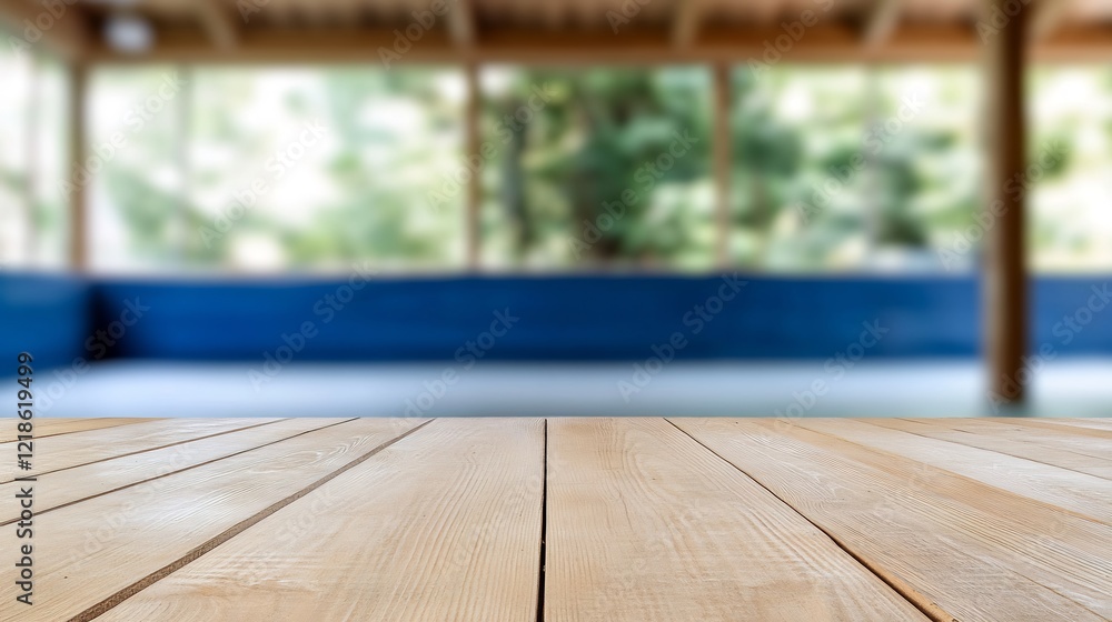 Wooden table in a serene indoor space with blurred background greenery Wooden table in a serene indoor space with blurred background greenery