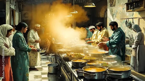 Busy kitchen scene with chefs preparing traditional dishes, steam rising, and diners in the background photo