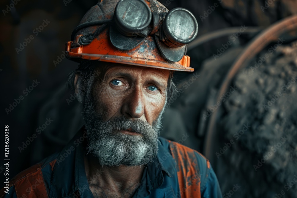 Fototapeta premium Miner in the mine. Well-uniformed miner inside dark mine. Neural network ai generated