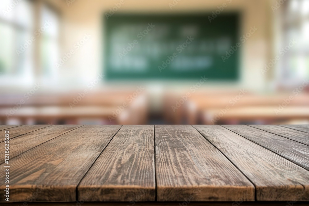 Rustic Wooden Table in Blurred Classroom Background Rustic Wooden Table in Blurred Classroom Background