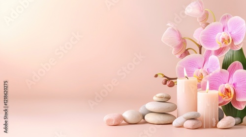 Elegant Pink Orchids With Candles And Smooth Stones photo