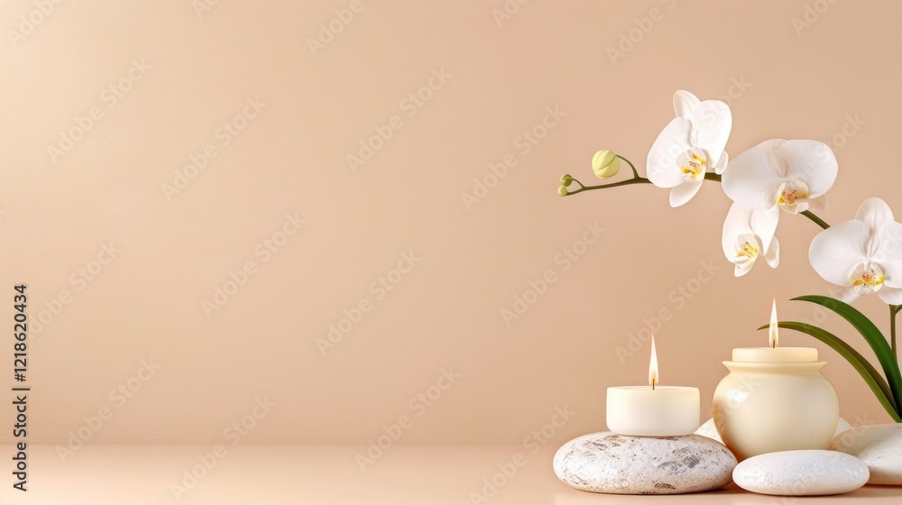 Elegant White Orchids With Stones And Candle Scenery Elegant White Orchids With Stones And Candle Scenery