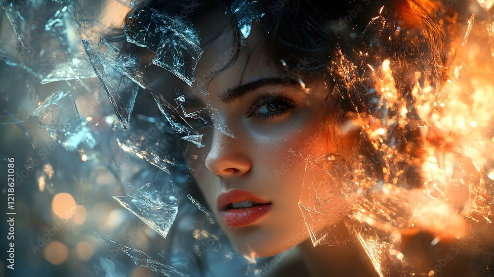 a woman standing against a shattered glass wall, breaking through metaphorical chains, symbolizing breaking societal barriers. international women's day a woman standing against a shattered glass wall, breaking through metaphorical chains, symbolizing breaking societal barriers. international women's day