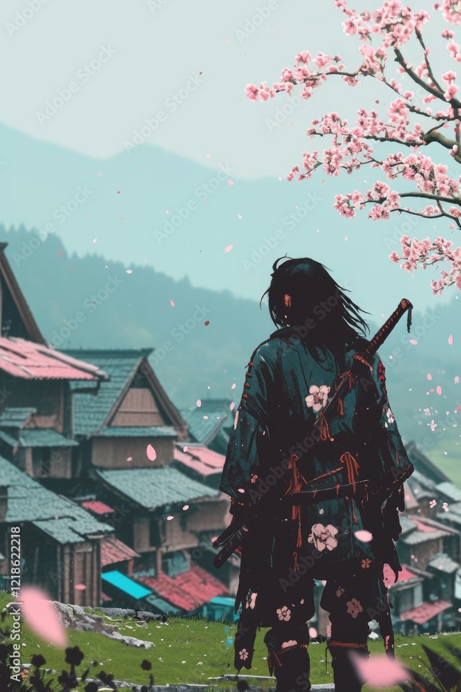 Fototapeta premium Samurai Stands Before Village Amidst Cherry Blossoms
