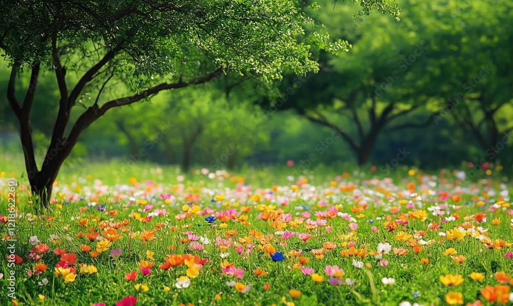 Vibrant wildflower meadow with colorful blossoms under lush green trees, creating a serene natural landscape Vibrant wildflower meadow with colorful blossoms under lush green trees, creating a serene natural landscape