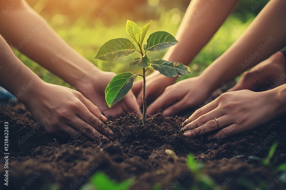 Fototapeta premium Farmers planting young tree in fertile soil at sunset